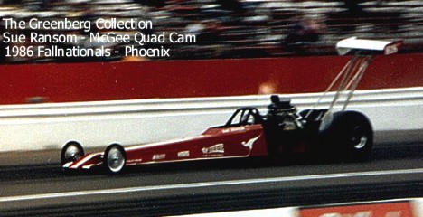 Sue Ransom legs the McGee Cams Aussie Top Fueler through the traps at the Fallnationals in 1986. Photo by Lyle Greenberg