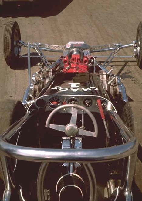 Nickelson Tool & Die dragster, rear view. Photo by Pete Garramone