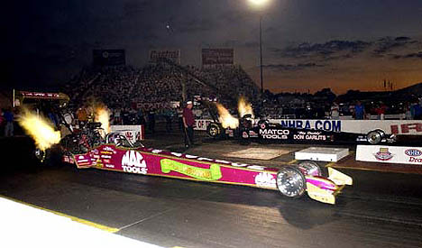 Shirley Muldowney faces off with Garlits. She ran best ever numbers to make the Indy field. Photo by Auto Imagery