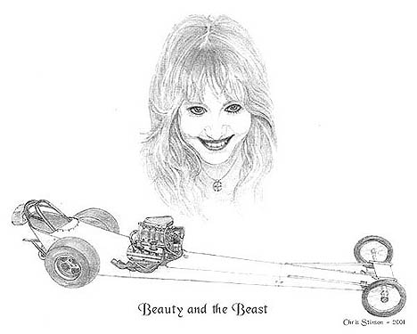 There's nothing finer in this world than beautiful women and front engine dragsters! Pencil art by Chris Stinson