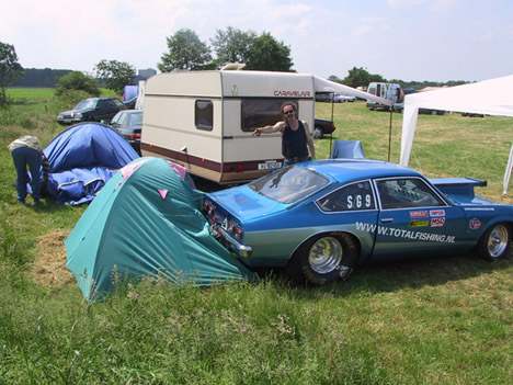 Oops. Willie's Vega rolled backwards off a trailer and claimied a tent for its own. Photo thanks to Willie Reerink