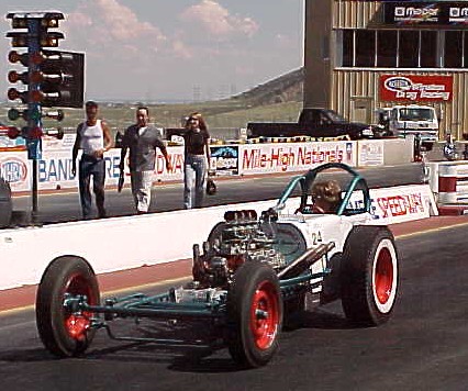 The Pea Soup Special Flathead is back! Shown here at a nostalgia race at Bandimere. Photo by Robby Andersen