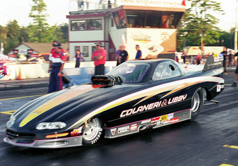 Jim Libby launches his awesome Camaro alky burner. He needs a wild name and tour to race on! Photo by James Morgan