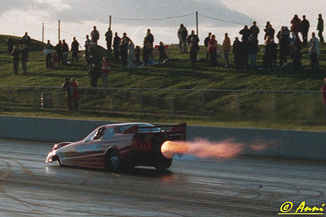 Martin Hill rockets off into the distance in November. Hill recently became the first five second jet funny car outside the United States. Photo by Anni Valder