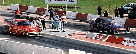 Nostalgia funny cars will be the only way to go in 2002. Here Jay's '57 takes on an immaculate '55 T-Bird. Photo by Sandy J