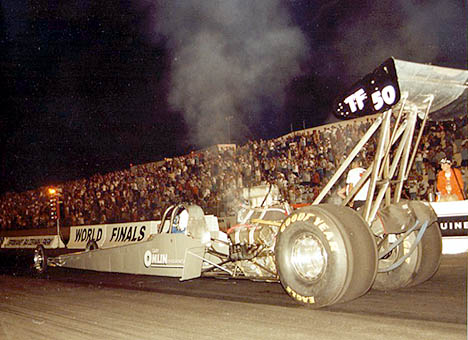 Gary Omlin's current rear engine car at the AHRA World Finals. Photo by David Hapgood