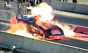 Jason DuChene suffered one of the most intense funny car explosions in recent memory. Photo by Sheryl Ogonoski