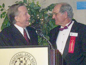 TV Tommy Ivo and Don Garlits traded barbs before inducting Darryl Gwynn. Photo by Phil Elliott