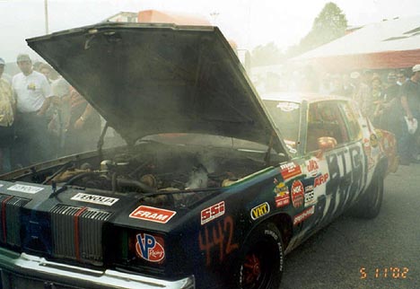 The Big Bang Oldsmobile exploded in flames after going wide open for a few minutes. Photo by Berserko Bob