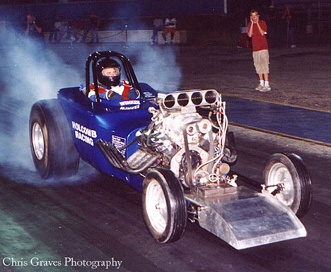 Brandon Holcomb burns out in his rat powered altered. Photo by Chris Graves