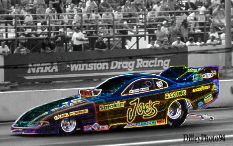 The Smokin' Joe's funny car gets the works. Photo art by Ron Dilley