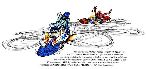 Checker Schuck's Kragen debuted mini funny cars in 2001 with unexpected results. Cartoon by Rick Menges