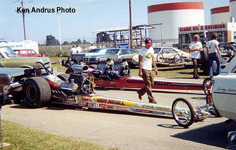 Jim Nicoll's Top Fuel car waits at Indy just before it's dramatic final round race against Don Prudhomme. Photo by Ken Andrus