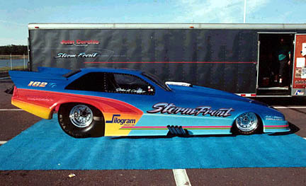 John Cerchio's Storm Front is another outstanding example of low buck excellence in funny car racing. Photo by Art Cimilluca