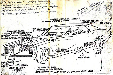 The original Revelleader drawing submitted to Mickey Thompson, returned with his notes. Click to see the full size drawing. By Ron Pellegrini