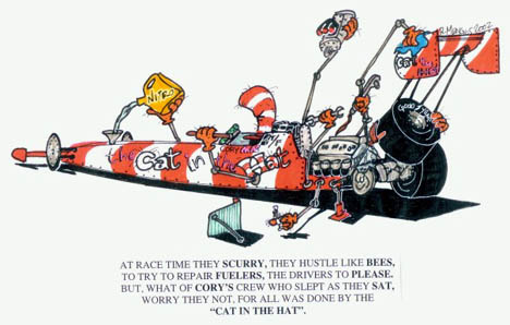 Cat in the Hat Top Fueler for Cory Mac? Racing cartoon by Rick Menges