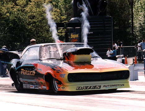 Dave Persico spraying the nitrous big time. Photo by Drag Racing Memories