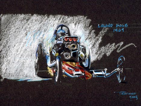 Leland Kolb lifts a rear wheel. Racing art by Jeff Teaford