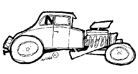 Rockin' Roadster truckin' down the track. Drag racing art by Tom DeLello