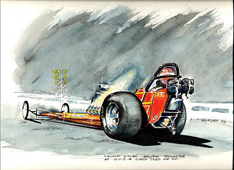 Leland Kolb's dragster comes to life in this awesome work. Racing art by Jeff Teaford