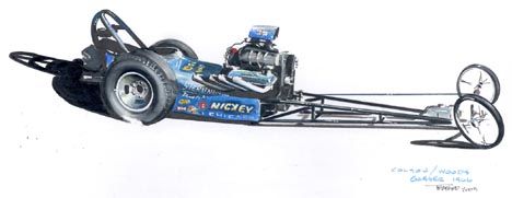Colson-Woods Gas Dragster, circa 1966. Racing art by Jeff Teaford
