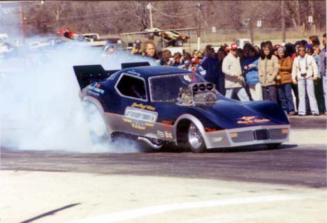 The Lewelling and Winters Saturday Night Fever Corvette Funny Car at Green Valley. Photo by Jim White