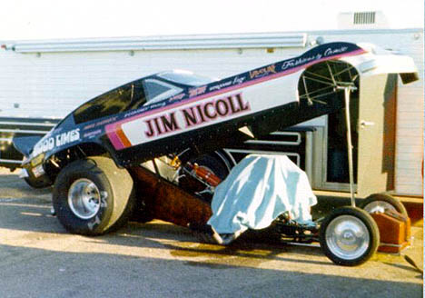 Jim Nicoll's good looking Chevy Monza funny car in 1976. Photo by Jim White