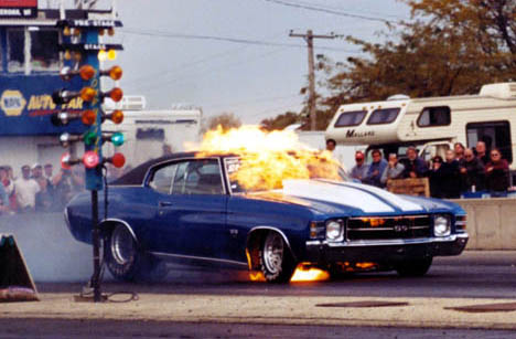 Steve Penrod's Chevelle suffers a massive nitrous backfire at Byron. Photo by Pete Ores
