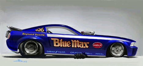 Unreal Blue Max funny car art by John Bell