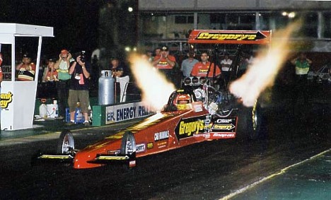 Jim Read launches his Top Fuel car at night! Photo by John Baremans