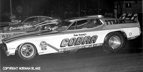 Dale Creasy 's Cobra takes on the Cassidy Bros. at one of Englishtown's famous Wednesday night match races. Photo by Norman Blake