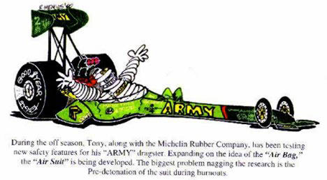 Tony Schumacher tests the new Michelin air suit. Cartoon by Rick Menges