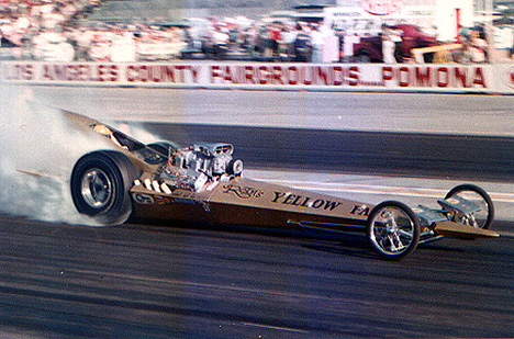 The Yellow Fang smokin' 'em off at LA County. Photo from the Drag Racing Memories Collection