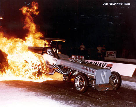 Jim West gets hot in the Wild, Wild West Jeep AA/Fuel Altered. Photo thanks to Jim West