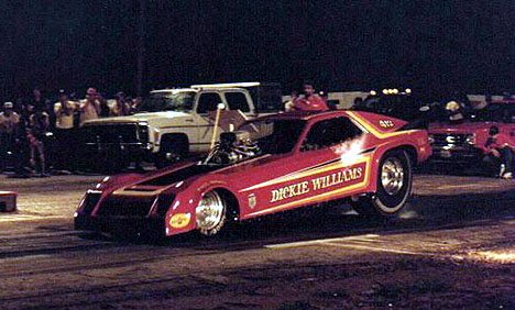 Paul Gordon gets ready to take Dickie Williams Fuel Funny Car on a ride into the night. Photo by Dennis Roetman