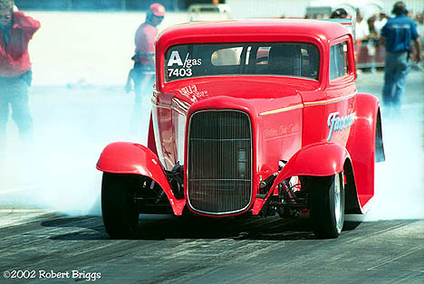 Rich Facciano's A/Gas '32 Ford on a Saturday burnout at Sears Point. Rich won the event. Photo by Robert Briggs