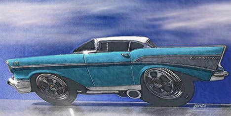 The venerable '57 Chevy, as imagined by our own Gonzo. Art by Ralph Crosby