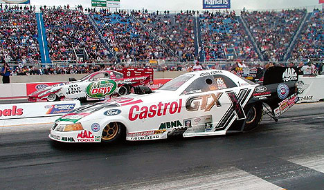 The funny car final at Joliet was one of the quickest side by siders in history. Photo by Lee Ecker