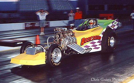 Chris Boulet launches his Obsession outlaw Fuel Altered in 2001. Photo by Chris Graves