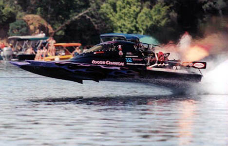 Loose Cannons gets all the way out of the water in IHBA competition. Photo by Jim Perry