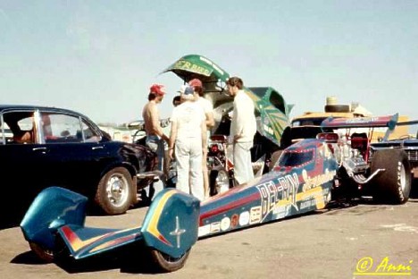 Bel Ray Streamliner Dragster at Santa Pod Early 70s. Anne Valder photo