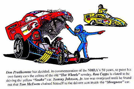 No joke -- it would have been cool to bring the Hot Wheels cars back for 2001. Cartoon by Rick Menges