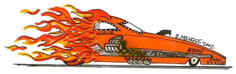 Cruz Pedregon was happy to give up the Flaming Frank paint design for obvious reasons. Cartoon by Rick Menges
