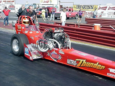 Jack Harris and the Nitro Thunder Top Fuel car gets ready for a pass at CHRR 2001. Photo by Tim Pratt