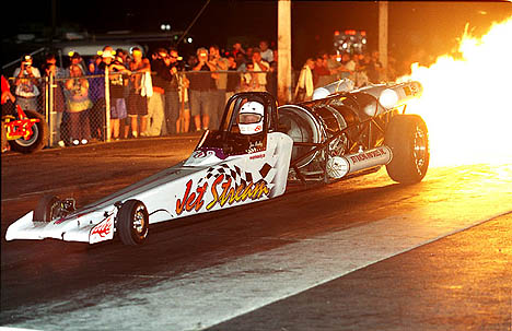 Jim Medley warms up the fans in Epping with the Jet Stream dragster. Photo by James Morgan