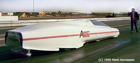 Art Hendy driving the Arivett Bros. streamliner dragster at Bakersfield 1990. Photo by Mark Hovsepian