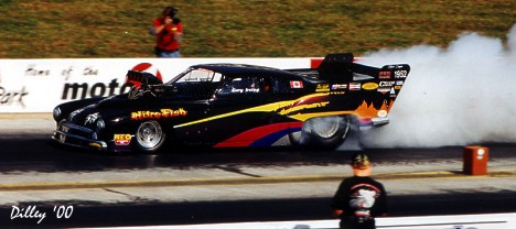 Gary Irving and his "Nitro Fish" Nitro Coupe was the latest victiim of fire in drag racing. Photo by Ron Dilley