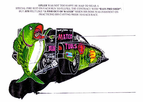 Jim Epler's Bass Pro Shops Fuel Funny Car. Drag cartoon by Rick Menges