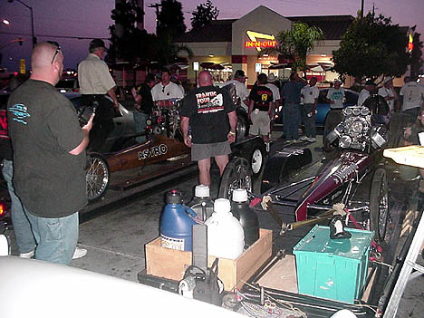 The Pitts and Anderson teams get ready to fire the Magicar and Vagabond for the faithful at the In-n-Out. Photo by Tim Pratt