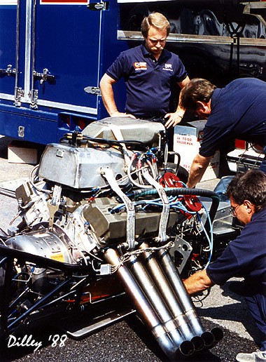 Dale Pulde oversees work on the his funny car in 1988. Photo by Ron Dilley